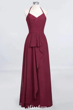 A-Line Chiffon Halter V-Neck Sleeveless Floor-Length Bridesmaid Dress with Ruffle by misshow.com