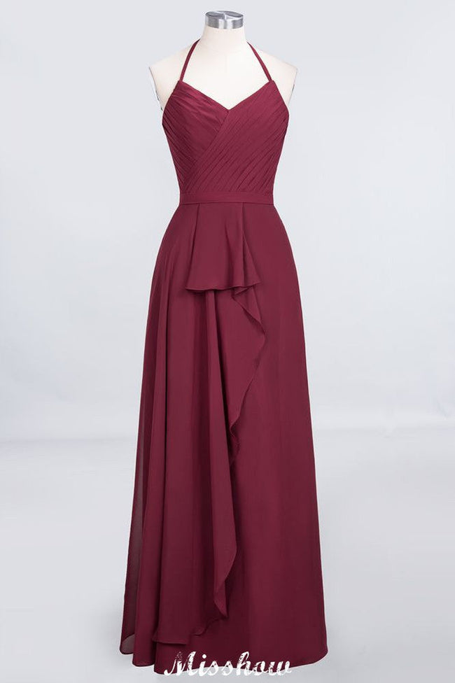 A-Line Chiffon Halter V-Neck Sleeveless Floor-Length Bridesmaid Dress with Ruffle Hover Image