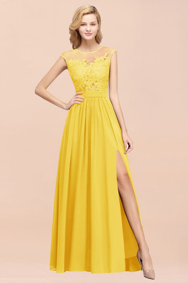 A-line Chiffon Lace Jewel Sleeveless Floor-Length Bridesmaid Dresses with Appliques Hover Image