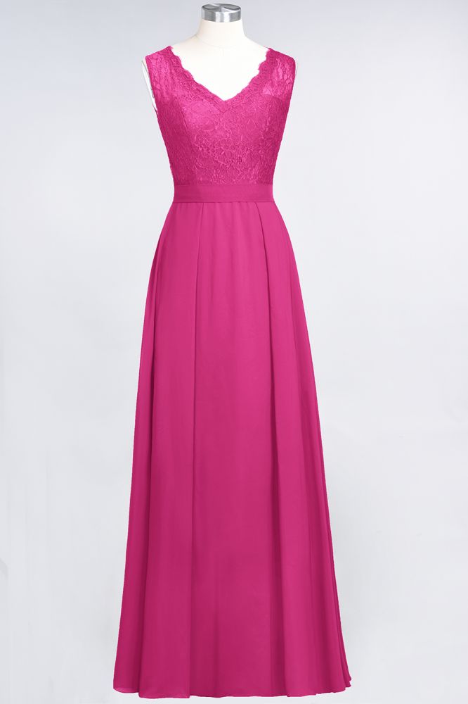 A-Line Chiffon Lace V-Neck Sleeveless Floor-Length Bridesmaid Dresses with Ruffles