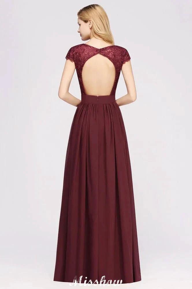 A-line Chiffon Lace V-Neck Sleeveless Floor-Length Bridesmaid Dresses with Ruffles by misshow.com