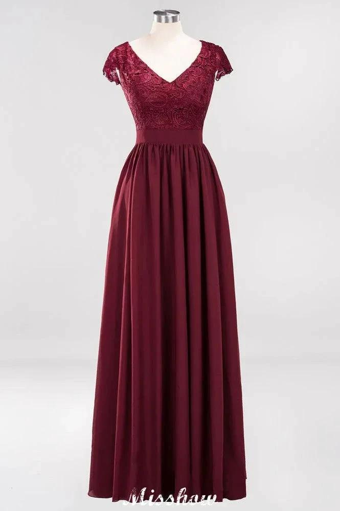 A-line Chiffon Lace V-Neck Sleeveless Floor-Length Bridesmaid Dresses with Ruffles by misshow.com