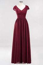 A-line Chiffon Lace V-Neck Sleeveless Floor-Length Bridesmaid Dresses with Ruffles by misshow.com