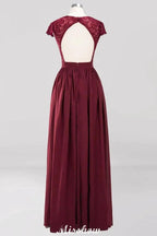 A-line Chiffon Lace V-Neck Sleeveless Floor-Length Bridesmaid Dresses with Ruffles by misshow.com