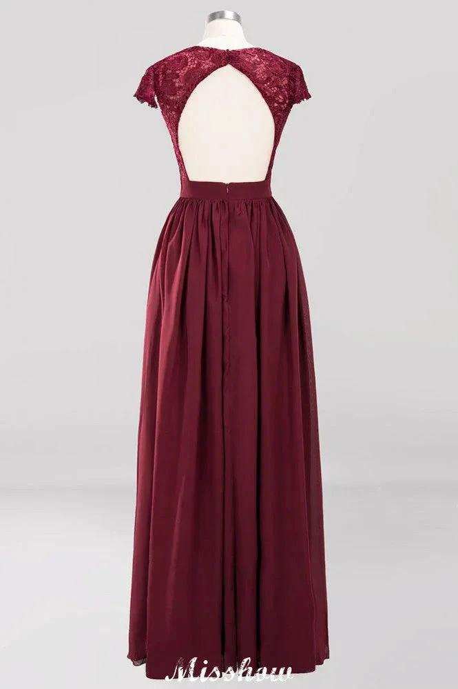 A-line Chiffon Lace V-Neck Sleeveless Floor-Length Bridesmaid Dresses with Ruffles by misshow.com