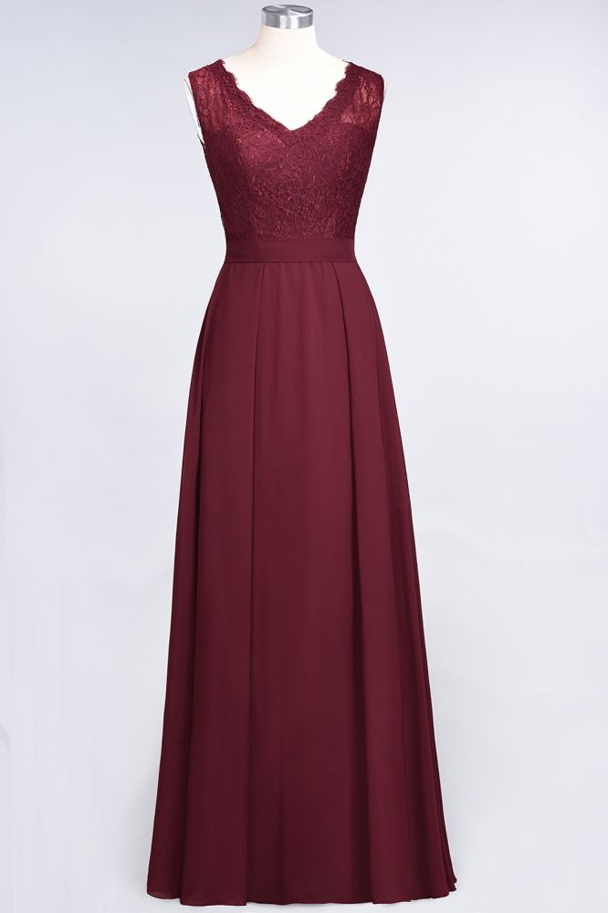 A-Line Chiffon Lace V-Neck Sleeveless Floor-Length Bridesmaid Dresses with Ruffles