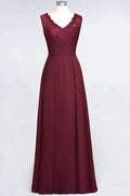 A-Line Chiffon Lace V-Neck Sleeveless Floor-Length Bridesmaid Dresses with Ruffles by misshow.com