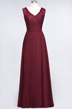 A-Line Chiffon Lace V-Neck Sleeveless Floor-Length Bridesmaid Dresses with Ruffles