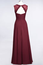 A-Line Chiffon Lace V-Neck Sleeveless Floor-Length Bridesmaid Dresses with Ruffles