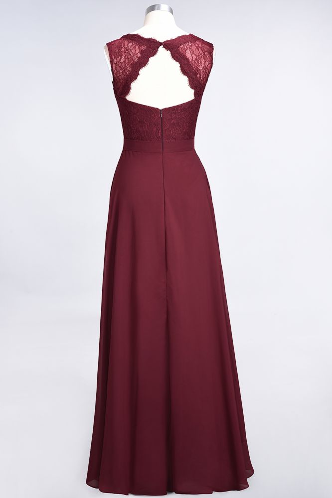 A-Line Chiffon Lace V-Neck Sleeveless Floor-Length Bridesmaid Dresses with Ruffles