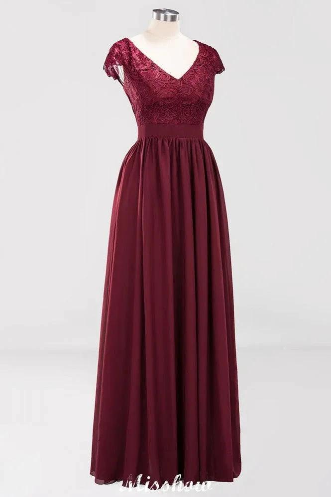 A-line Chiffon Lace V-Neck Sleeveless Floor-Length Bridesmaid Dresses with Ruffles by misshow.com