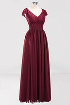 A-line Chiffon Lace V-Neck Sleeveless Floor-Length Bridesmaid Dresses with Ruffles by misshow.com
