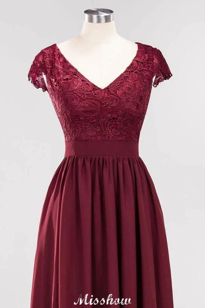 A-line Chiffon Lace V-Neck Sleeveless Floor-Length Bridesmaid Dresses with Ruffles by misshow.com