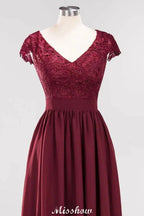 A-line Chiffon Lace V-Neck Sleeveless Floor-Length Bridesmaid Dresses with Ruffles by misshow.com