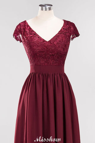 A-line Chiffon Lace V-Neck Sleeveless Floor-Length Bridesmaid Dresses with Ruffles