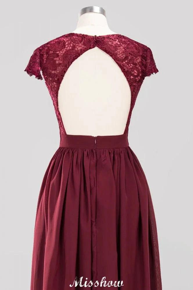 A-line Chiffon Lace V-Neck Sleeveless Floor-Length Bridesmaid Dresses with Ruffles by misshow.com