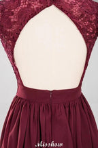 A-line Chiffon Lace V-Neck Sleeveless Floor-Length Bridesmaid Dresses with Ruffles by misshow.com