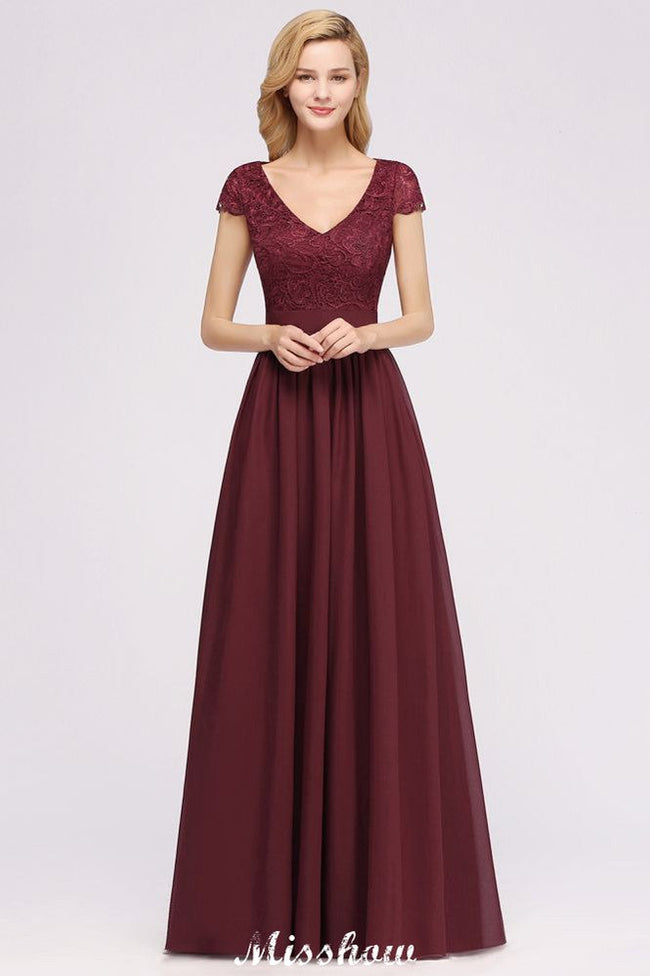 A-line Chiffon Lace V-Neck Sleeveless Floor-Length Bridesmaid Dresses with Ruffles Hover Image