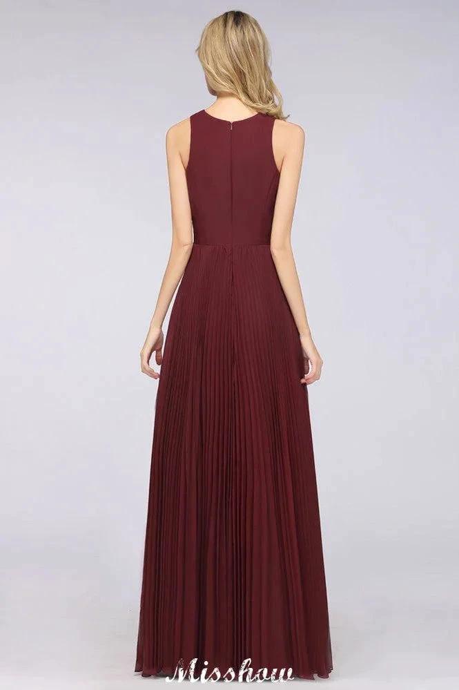 A-Line Chiffon V-Neck Sleeveless Bridesmaid Dress Floor-Length Ruffles Side Split Evening Gown by misshow.com