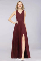 A-Line Chiffon V-Neck Sleeveless Bridesmaid Dress Floor-Length Ruffles Side Split Evening Gown by misshow.com
