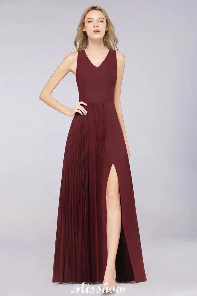 A-Line Chiffon V-Neck Sleeveless Bridesmaid Dress Floor-Length Ruffles Side Split Evening Gown by misshow.com