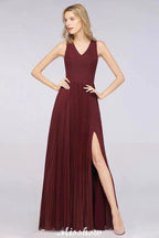 A-Line Chiffon V-Neck Sleeveless Bridesmaid Dress Floor-Length Ruffles Side Split Evening Gown by misshow.com