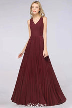A-Line Chiffon V-Neck Sleeveless Bridesmaid Dress Floor-Length Ruffles Side Split Evening Gown by misshow.com