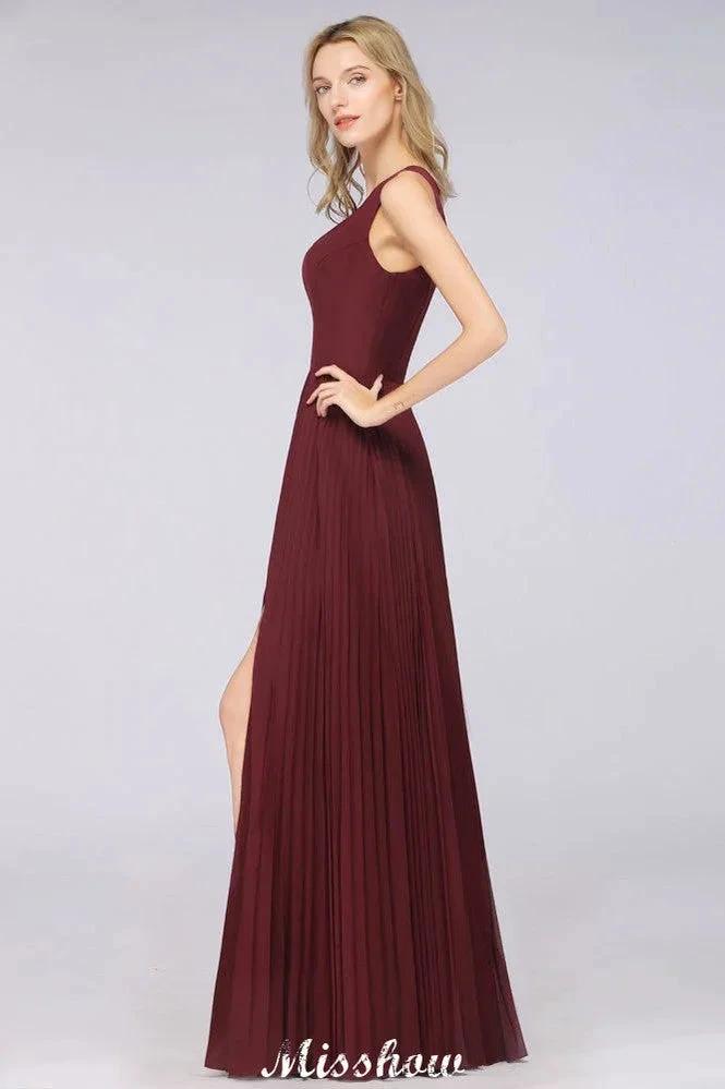 A-Line Chiffon V-Neck Sleeveless Bridesmaid Dress Floor-Length Ruffles Side Split Evening Gown by misshow.com