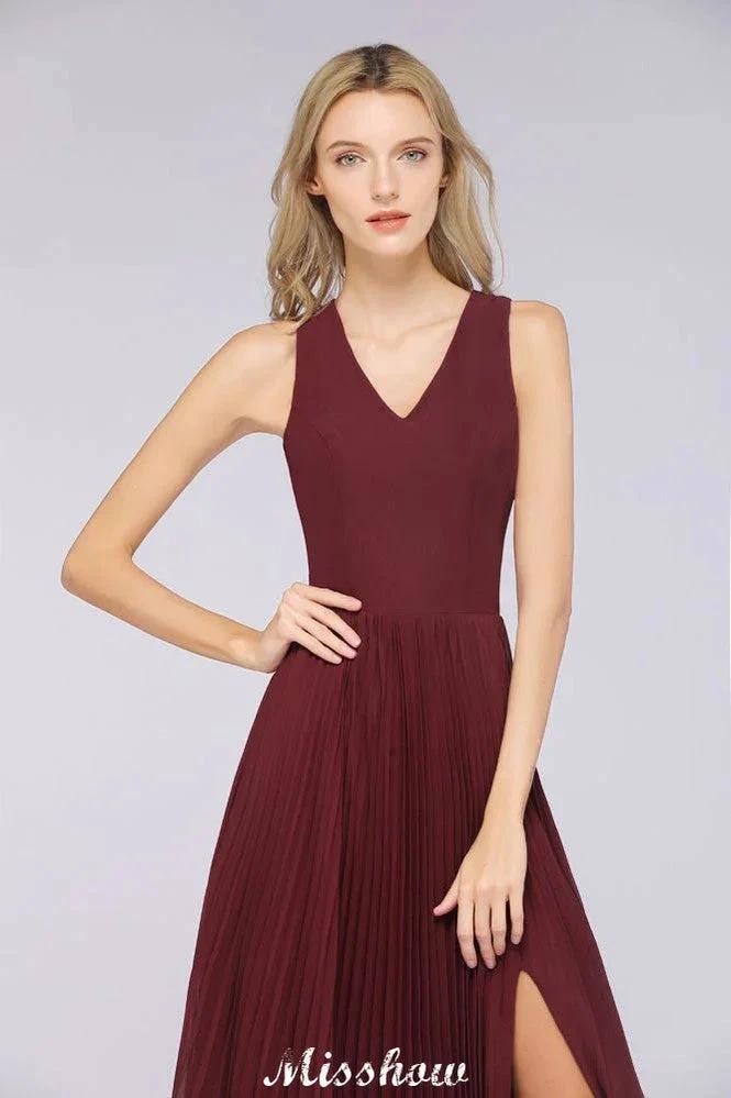 A-Line Chiffon V-Neck Sleeveless Bridesmaid Dress Floor-Length Ruffles Side Split Evening Gown by misshow.com