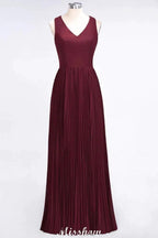 A-Line Chiffon V-Neck Sleeveless Bridesmaid Dress Floor-Length Ruffles Side Split Evening Gown by misshow.com