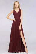 A-Line Chiffon V-Neck Sleeveless Bridesmaid Dress Floor-Length Ruffles Side Split Evening Gown by misshow.com