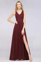 A-Line Chiffon V-Neck Sleeveless Bridesmaid Dress Floor-Length Ruffles Side Split Evening Gown by misshow.com