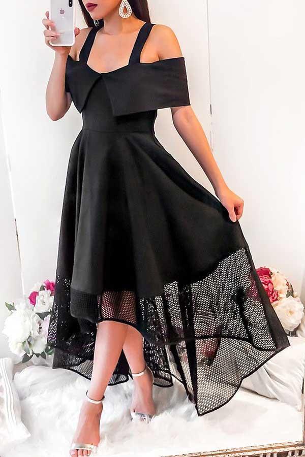 Vestido de Regresso a Casa Preto A-Line com Ombros Descobertos, Bainha Assimétrica e Renda PD054