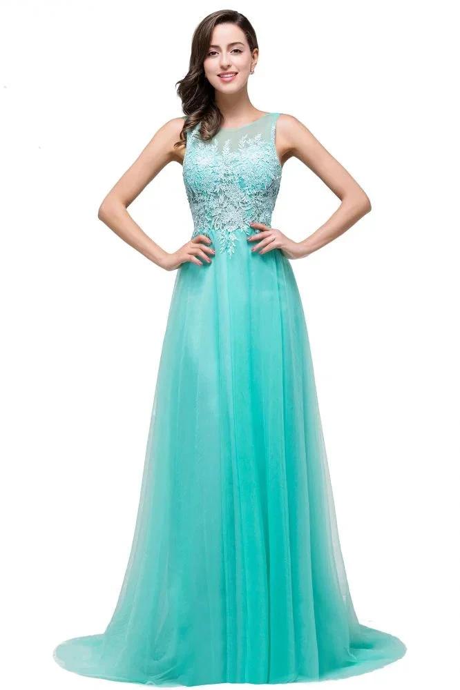 A-line Court Train Tulle Evening Dress with Appliques by misshow.com