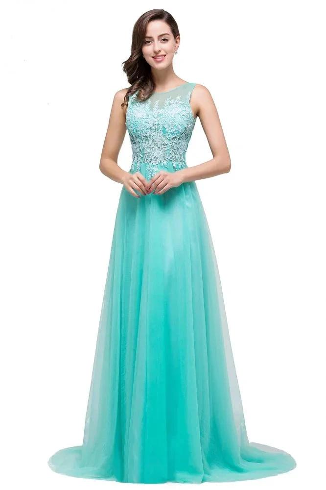 A-line Court Train Tulle Evening Dress with Appliques by misshow.com