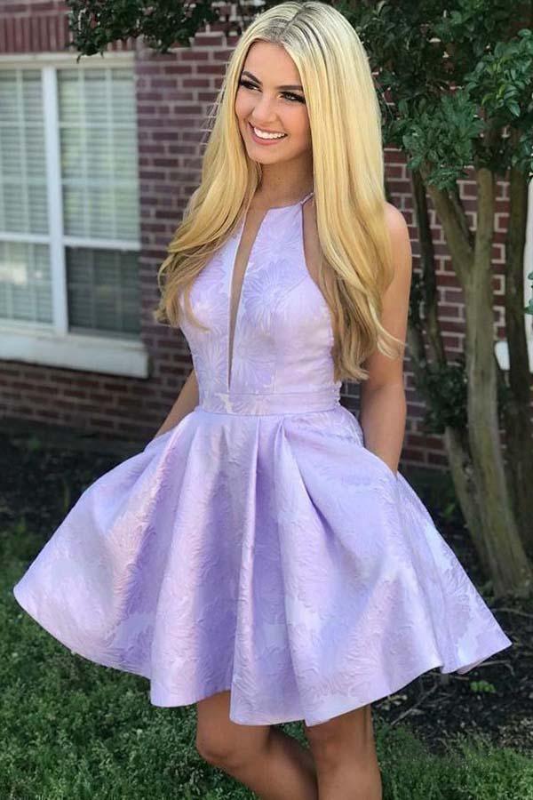A-Line Crew Above-Knee Lilac Satin Homecoming Dress with Pockets  PD271 Hover Image
