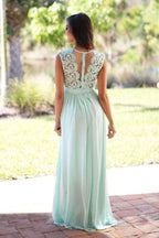 A-Line Crew Floor-Length Mint Chiffon Bridesmaid Dress with Lace BD039 by pgmdress