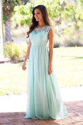 A-Line Crew Floor-Length Mint Chiffon Bridesmaid Dress with Lace BD039 by pgmdress