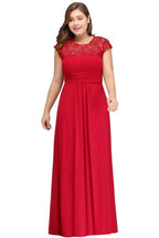 A-Line Crew Floor length Plus size Cap sleeves Lace Chiffon Evening Dresses with Appliques by misshow.com