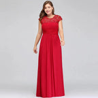 A-Line Crew Floor length Plus size Cap sleeves Lace Chiffon Evening Dresses with Appliques by misshow.com