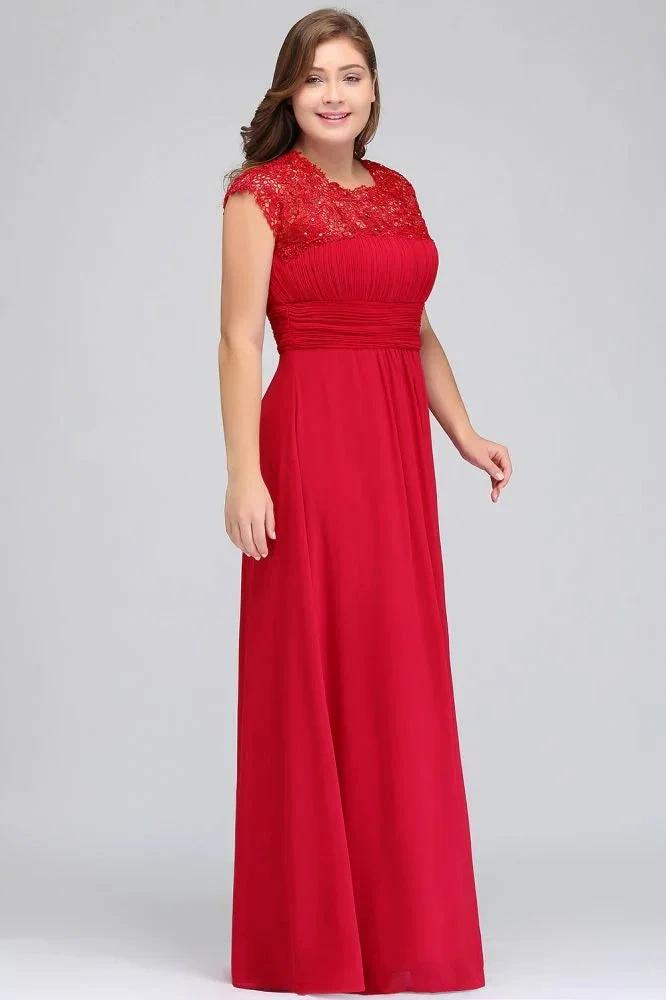 A-Line Crew Floor length Plus size Cap sleeves Lace Chiffon Evening Dresses with Appliques by misshow.com
