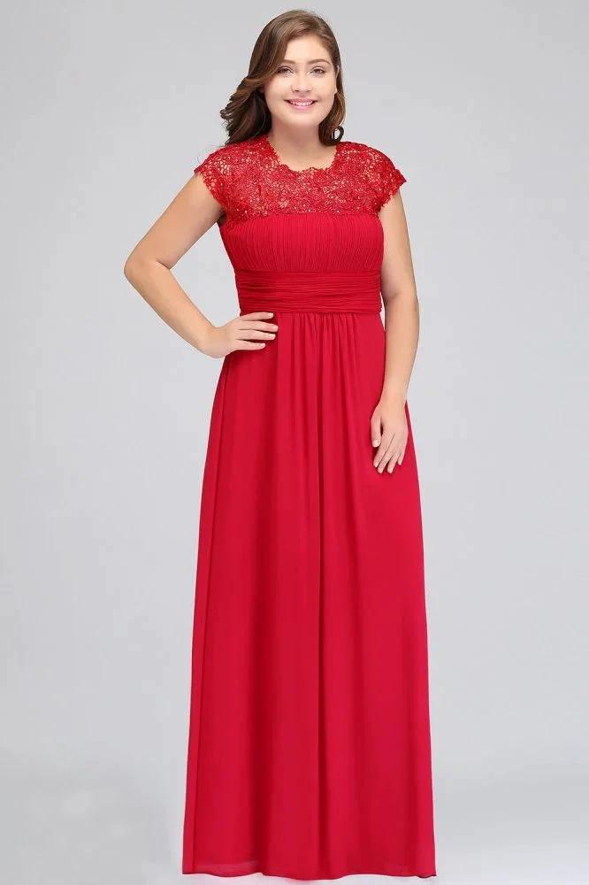 A-Line Crew Floor length Plus size Cap sleeves Lace Chiffon Evening Dresses with Appliques by misshow.com