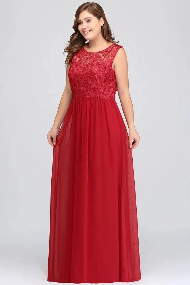 A-Line Crew Floor Length Sleeveless Plus size Lace Chiffon Evening Dresses by misshow.com