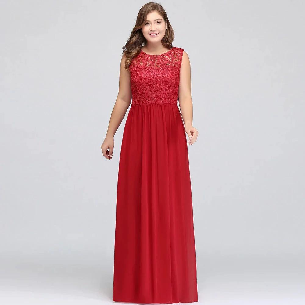 A-Line Crew Floor Length Sleeveless Plus size Lace Chiffon Evening Dresses by misshow.com