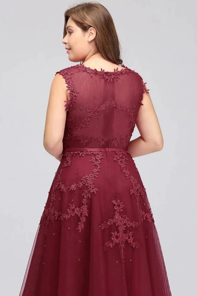 A-Line Crew Floor Length Sleeveless Plus size Tulle Appliqued Evening Dresses with Crystals by misshow.com