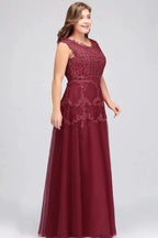 A-Line Crew Floor Length Sleeveless Plus size Tulle Appliqued Evening Dresses with Crystals by misshow.com