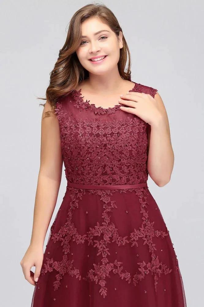 A-Line Crew Floor Length Sleeveless Plus size Tulle Appliqued Evening Dresses with Crystals by misshow.com