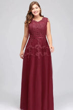 A-Line Crew Floor Length Sleeveless Plus size Tulle Appliqued Evening Dresses with Crystals by misshow.com