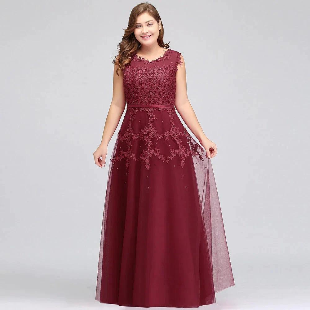 A-Line Crew Floor Length Sleeveless Plus size Tulle Appliqued Evening Dresses with Crystals by misshow.com