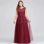 A-Line Crew Floor Length Sleeveless Plus size Tulle Appliqued Evening Dresses with Crystals by misshow.com